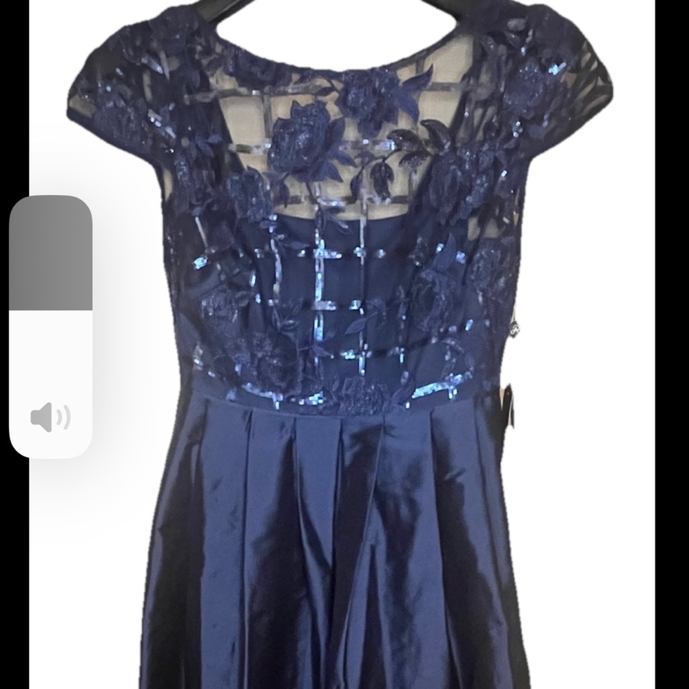 Navy Blue Floral Rose Appliqué Sequin Dress asymmetric hem mother of bride prom
